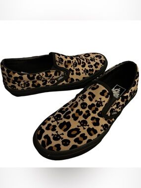 VANS SLIP-ON TAN BLACK BROWN LEOPARD SPOT DESIGN & SKULL CROSSBONES SKATE SHOES